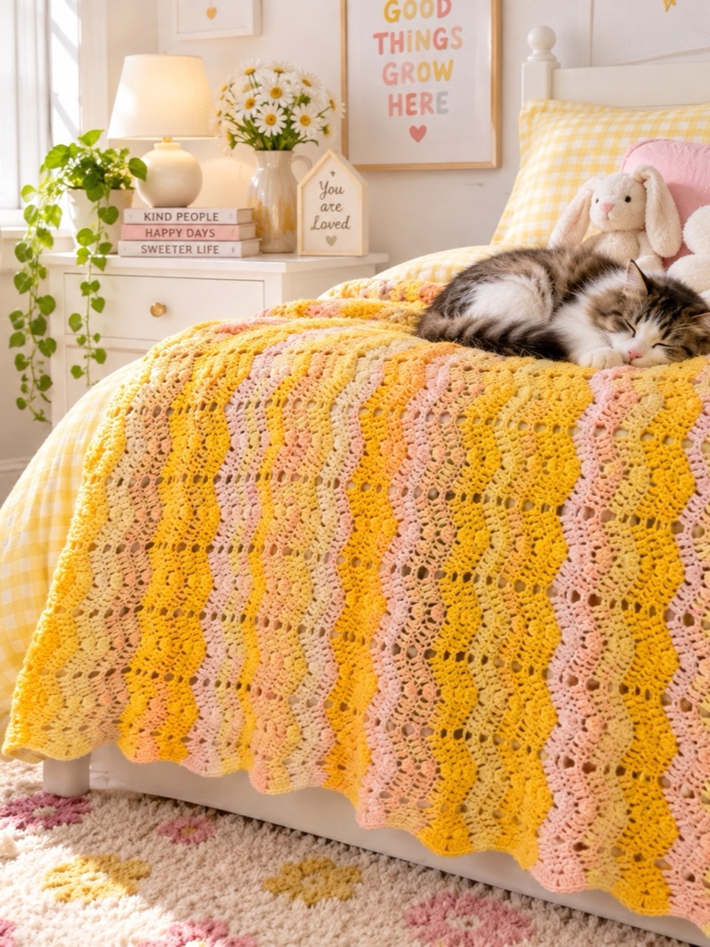Crochet Striped Blanket in Yellow & Pink Like New